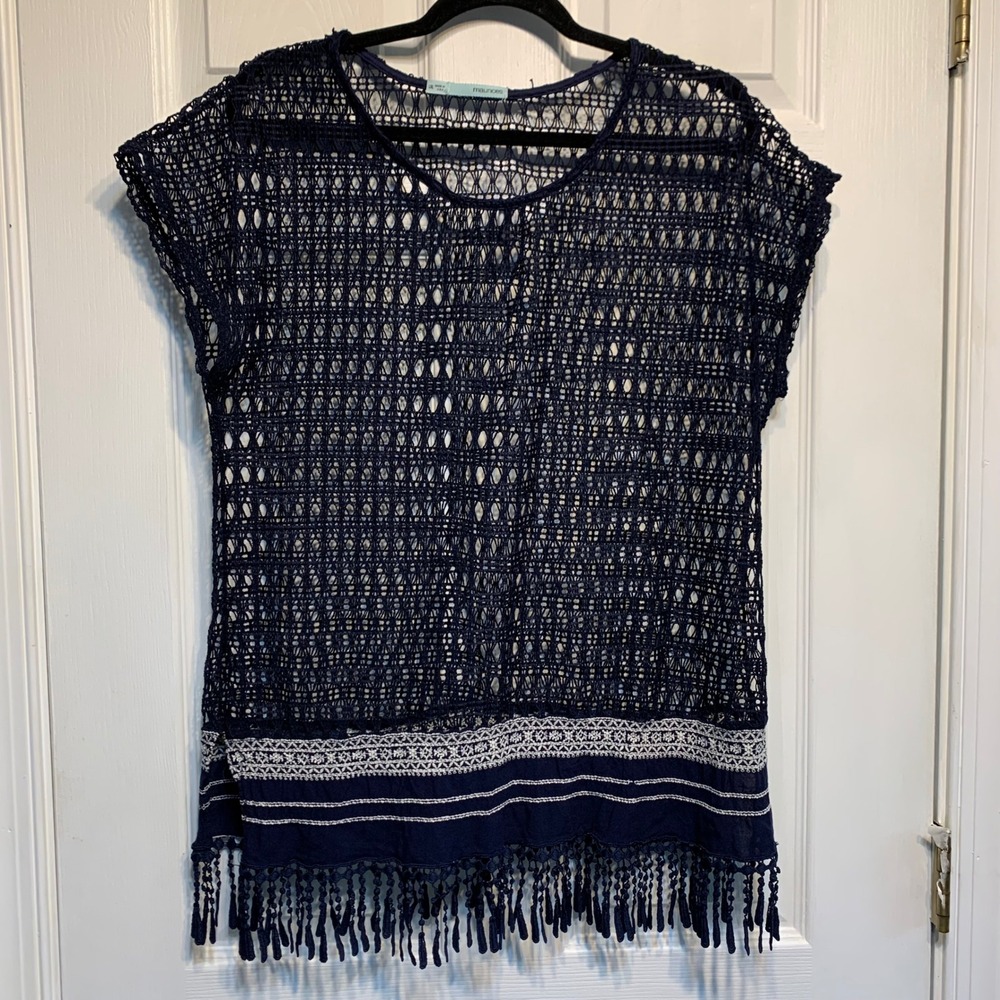 Maurices Crochet Top L/XL Navy Blue Boho Open Knit Tassel Fringe Hem Festival